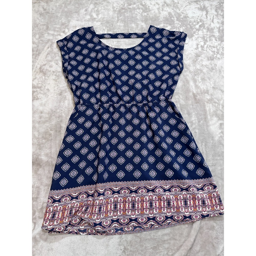 Hippie Rose Dress Womens Size X-Large Navy Blue Pink Geometric Medallion Border